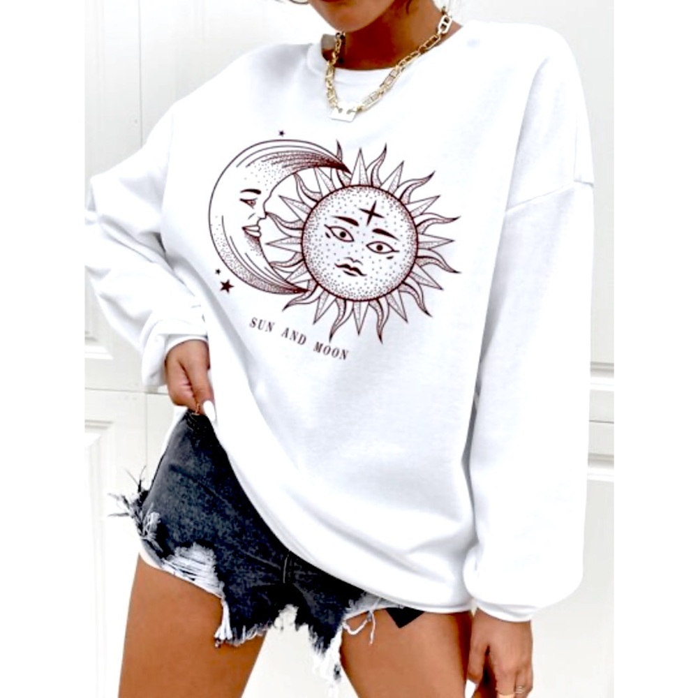 SHEIN Oversized White Graphic Hoodie “Sun and Moon”